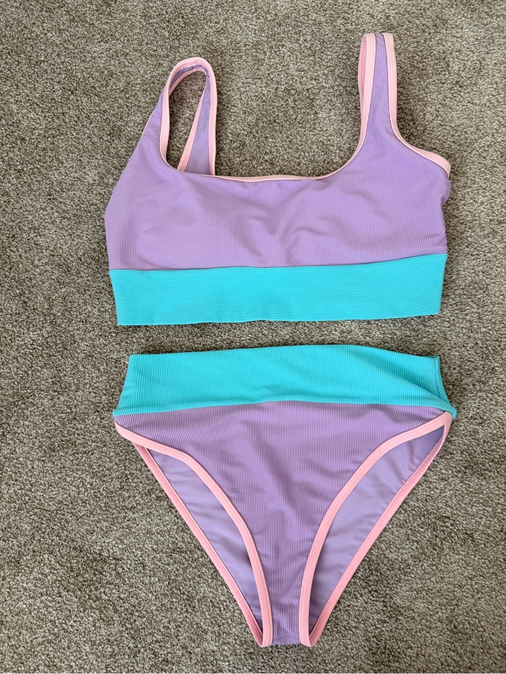 Lain Snow Cotton Candy women’s Two-Piece Swim Set in Purple, Teal & Pink Trim